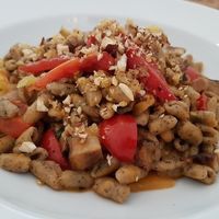 pasta with black chick peas, eggplant, two types of tomatoes, roasted nuts, mushrooms, potatoes (all being vegetables from Puglia, the area where the chef originates from!). at Sud - Food of Italy in Bruges