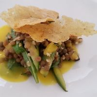 lentils with cucucmbers and a sauce that tasted like lemoncello, with fine cracker on top. at Sud - Food of Italy in Bruges