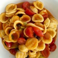 Orecchiette with tomatoes and black chickpeas.  at Sud - Food of Italy in Bruges
