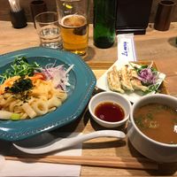 Veggie cod roe udon with vegetable dumplings  at T's Tantan - JR Ueno in Tokyo