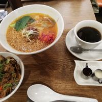 Golden ramen with "beef" and rice on the side at T's Tantan - Ecute Ueno in Tokyo