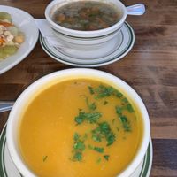Butternut squash soup and lentil soup  at Hummus Place - Upper West Side in New York City