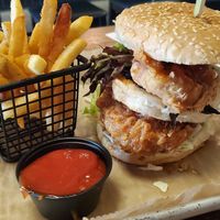 Vegan Triple Decker with Hot Honey Chicken & Korean Shrimp at Ale Mary's Beer Hall in Royal Oak