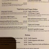 Part of the menu vegan choices in starters main and puddings  at Fullbrook's Bistro in Pontyclun