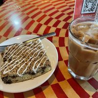 Coffee cake and iced orange mocha latte w/ oat milk  at City O' City in Denver