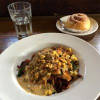tempeh bacon hash with gravy and sweet potato cinnamon roll at City O' City in Denver