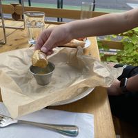 Soft pretzel with vegan cheese dip  at City O' City in Denver