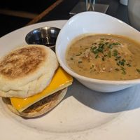 Sausage egg and cheese sandwich, side of biscuits and gravy (all vegan) at City O' City in Denver
