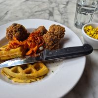 Chicken (cauliflower) and waffles with tofu scramble at City O' City in Denver