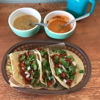 Delicious taco combo.  Soy tacos al pastor.  Housemade salsas and agua del dia.  Very good! at Veggie Happy in Queretaro