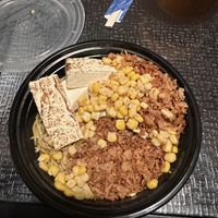 Vegan spicy with tofu, corn, and double crispy onions (pre-broth) #Veganuary at Slurp Ramen in Port Jefferson