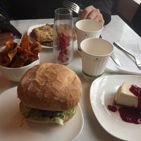 Biscuits and gravy, burger, chips, and cheesecake  at Urbavore in Lynchburg