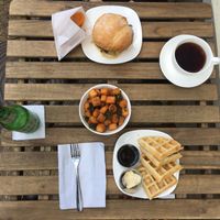 Vegan Philly Cheesesteak with Sweet Potato Chips and Coffee; Vegan Waffle with Taters & Kale and Roots of Maine Ginger Brew at Urbavore in Lynchburg