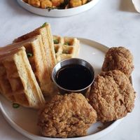 Chicken and waffles! (Unsure of the other dish's name but is tofu scramble, potatoes, and biscuits and gravy) at Urbavore in Lynchburg