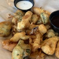 Tempura vegetables with vegan dipping sauces!  at Upland Brewing Company in Bloomington