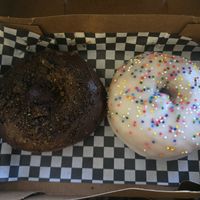 Double Chocolate and Vanilla Sprinkle Cake Donuts 🍩 at Crafted Donuts in Fountain Valley