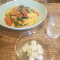 local vegetable pasta and daikon salad at Gorey Cafe in Kyoto