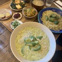 Avocado pasta with soy milk and daily vegan set  at Gorey Cafe in Kyoto
