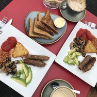Vegan breakfast with soy cappuccino  at Beach Hut Cafe in Sandwich