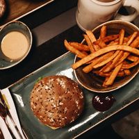 Multi-grain bread, sweet potato fries and weiss beer with hans im glück sauce. at Hans im Glück in Central Singapore