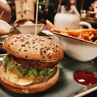 Feuer meister burger includes gold vegan cheese. at Hans im Glück in Central Singapore