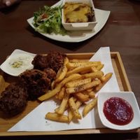 'vegan' lasagne and 'fish & chips' at Slices in Osaka