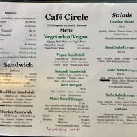 Menu  at Cafe Circle in Riverside