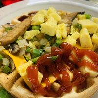 Bizarre but awesome waffle weird thing!  at Ocala's Downtown Diner in Ocala