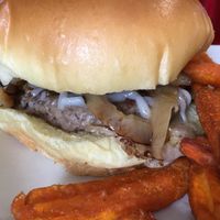 Shrum Impossible Burger with sweet potato fries at Ocala's Downtown Diner in Ocala