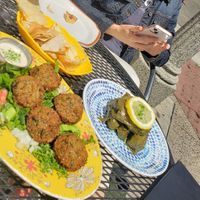 Chips/hummus falafel grapeleaves at Les Amis Restaurant in Fullerton