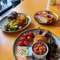 All day breakfast, corner cheeseburger, pasta sauce with toasted garlic bread at New Art Exchange CafeBar in Nottingham