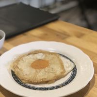 A vegan egg!!! So genius- the chef uses tofu skins to make a crispy outer layer  at Voi in Medan