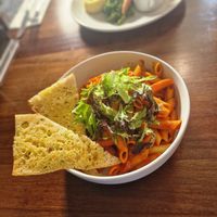Vodka pasta with garlic bread at The Brit in Port Talbot