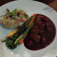 Redefined 'beef' flank, vegan and colcanan mash, great gravy. at The Brit in Port Talbot