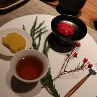 Lotus seed cake, red bean dragon fruit with peanuts and white tea  at Qian Yue Ming in Chongqing