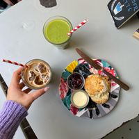 Green smoothie, iced latte, vegan cream tea   at East Village Cafe in Bristol