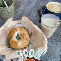 Toasted ‘tuna’ bagel, salted caramel latte and peanut butter and banana smoothie ✨  at East Village Cafe in Bristol