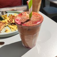 Red velvet iced latte at East Village Cafe in Bristol