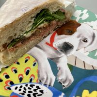 Ciabatta sandwich on a gorgeous puppy plate   at East Village Cafe in Bristol