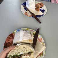 mushroom and cream cheese sandwich (also obsessed with the dachsund plate)  at East Village Cafe in Bristol