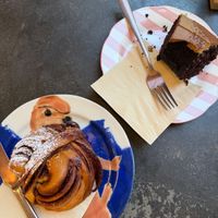 Cinnamon Knot (left) and Chocolate Bundt Cake (right) at East Village Cafe in Bristol
