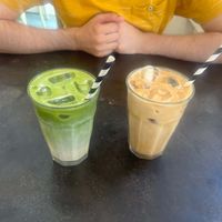 Iced Matcha Latte & Iced Popcorn Lattee  at East Village Cafe in Bristol
