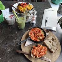 Scrambled tofu on toast with tempeh and shakshuka at East Village Cafe in Bristol