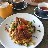 Scrambled tofu, seared tempeh an gf toast at East Village Cafe in Bristol