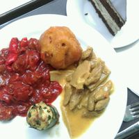 buffet food and chocolate cake at Loving Hut - Spalena in Prague