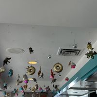 Dinosaurs flying from the ceiling   at Dilly Dally in Halifax