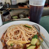 Tomato Sauce Pasta with Big Ice Tea, total $ 120 at Shi Shu Yi Li Italian Pasta in Tainan