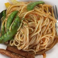 Tomato sauce pasta with vegetables and two strips of mock meat at Shi Shu Yi Li Italian Pasta in Tainan