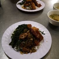 Plate with steamed rice, soy and seitan "meats", tofu and vegetables at Tinh Tam Trai in Phu Quoc