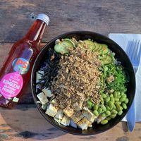 Vegan poke bowl and kombucha  at Momo Bar in Manly